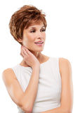 Model with hair fall showing her brunette Kris wig from the O'solite collection by Jon Renau 