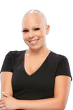 Smiling woman with complete hair loss not wearing the Spirit Remy human hair wig 