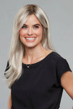 Female with balding wearing the blonde Laura wig with long luscious layers from Fascinations 