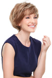 laughing woman with hair loss showing the Mariska wig with short layers 