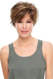 Woman with Alopecia wearing a pixie style Mariska wig 
