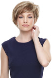 Lady with progressive hair loss wearing a blonde Mariska short styled synthetic wig 