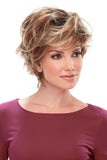 Female with balding covering her head with the short synthetic Meg wig by Jon Renau 