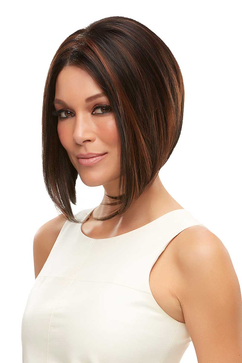 Woman with hair loss wearing a brunette synthetic Mena wig by Jon Renau 