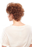 Lady with hair loss showing the back of her short wavy style Peaches wig from fascinations 