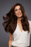 Elegant lady with hair fall showing her hand tied Blake Petite wig from Fascinations 