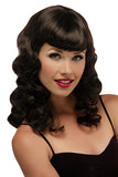 Woman wearing the long dark wavy synthetic Pin up Costume wig by Jon Renau 