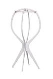White plastic wig stand for storing wigs by Jon Renau 