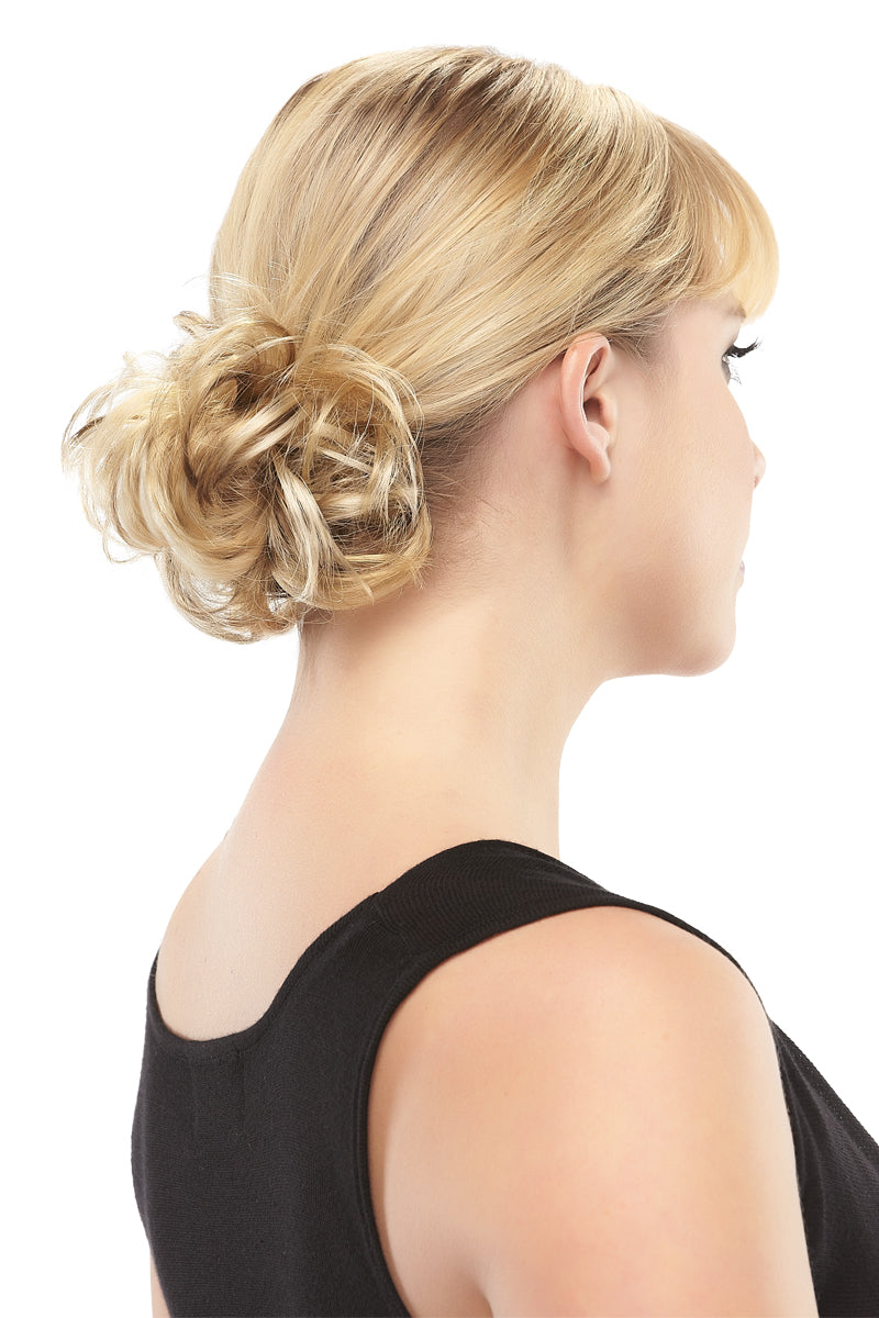 Female wearing a blonde Playful elastic wrap around Hair Scrunchie from Fascinations 