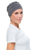 Lady with advanced stage hair loss wearing the Playful Softie with a Double bamboo lining 