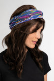 Lady wearing the Reversible Softie Headscarf on her wig to create additional styling options