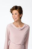 Woman with advanced hair loss wearing her Rita short styled wavy wig by Jon Renau 