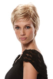 Woman with balding wearing her short blonde Simplicity Petite wig from Fascinations 