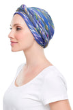 Lady with hair fall wearing a blue Softie Wrap 