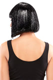 Woman showing the back of her black Tinsel Town Cosplay wig from Fascinations South Africa 