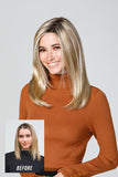 Woman with hair loss showing the before and after of her wearing Top Coverage 18 Inch Hair Topper