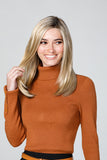 Happy woman with hair fall showing her blonde synthetic Top Coverage 18 Inch Hair Topper