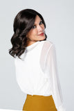 Lady with hair loss showing the Top Coverage Wavy 12 inch brunette Topper from Fascinations