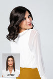 Female with Alopecia showing the before and after of her wearing  Top Coverage Wavy 12 inch topper