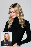 Woman with thinning hair showing her before and after of her wearing  Top Coverage wavy 18" topper 
