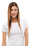 Woman with hair fall wearing a long brunette Remy human hair Top Form Topper in 18 inches 