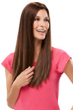 Laughing woman with hair fall wearing her long sleek Remy human hair Top Form Topper by Jon Rneau 