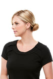 Model with hair fall showing the Top Notch hair topper tied up in a bun 