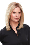 Lady with thinning hair wearing the shoulder length blonde Top Smart 12'' Human Hair Topper