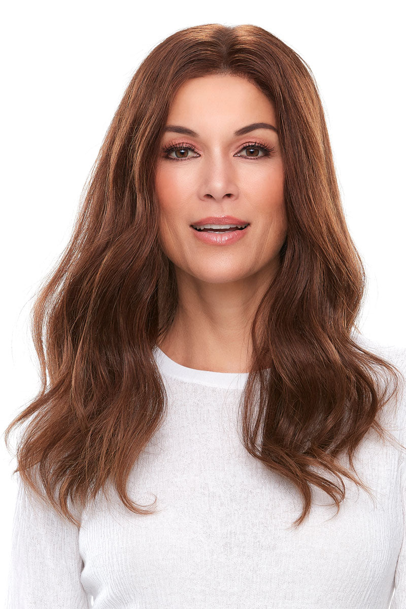 Woman with fine hair wearing the Top Smart 18 inch Renau human Hair Topper for Advanced Hair Loss