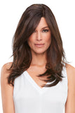 Model with Alopecia covering her hair with the brunette synthetic Top Smart Wavy 18 Inch Hair Topper