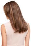 Woman with hair loss showing the back of her long brunette Top Style 18 inch hair topper 