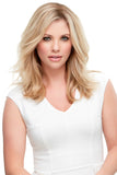 Young woman with fine hair wearing a blonde Top Style 12 Inch Human Hair Topper by Jon Renau 