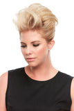 Female with fine hair is adding volume and fullness by wearing her blonde Top This 12 inch Topper 
