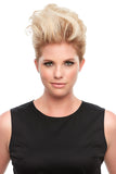 Blonde female with beginning stage hair loss is wearing the Top This 12 inch Topper to add thickness