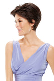 Happy woman with hair fall showing the heat friendly short style Vanessa wig with an open cap 