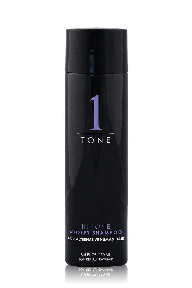 Black bottle of Violet Shampoo for Blonde Human Hair Wigs by Jon Renau 