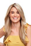 Happy woman with hair fall showing her long blonde Zara wig with a lace front 