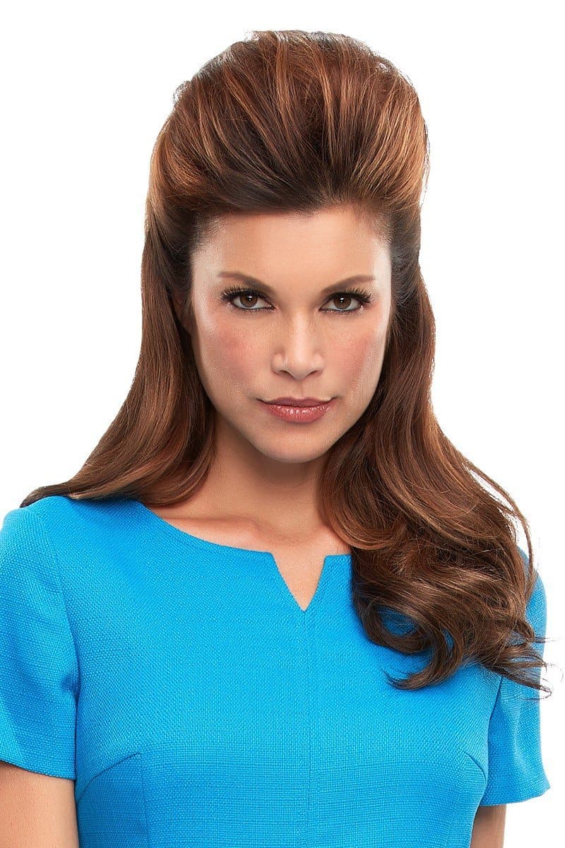 Model wearing a brunette Top this hair topper in 16 inches 