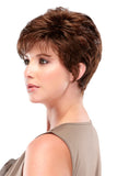 Female with Alopecia showing her short brunette synthetic Bree Petite wig from Fascinations 