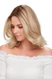 Blonde woman with thinning hair wearing the Heat friendly Easipart hair topper in 12 inches 
