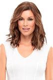 Model with beginning stage hair loss is wearing the Easipart HD 12 Inch hair topper by Jon Renau 