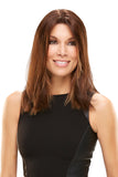Business woman with fine hair adding volume by wearing the Easipart Heat Defiant 18 Inch Topper