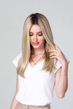 Young model with hair fall adding volume by wearing a blonde 18 inch Easipart T topper with HD Fiber