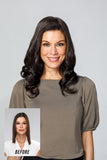 Before and after of a lady wearing the Easipart T HD Topper in 18 Inches by Jon Renau 