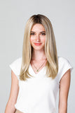 Young woman with long fine blonde hair wearing the Easipart T topper to add volume and fullness