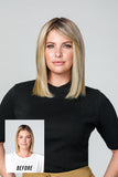 Happy woman with progressive hair loss showing the before and after of her wearing the Easipart T