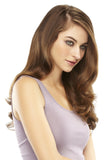 Lady with fine hair wearing Easivolume Remy Clip in hair extensions18 inches in a brunette shade 