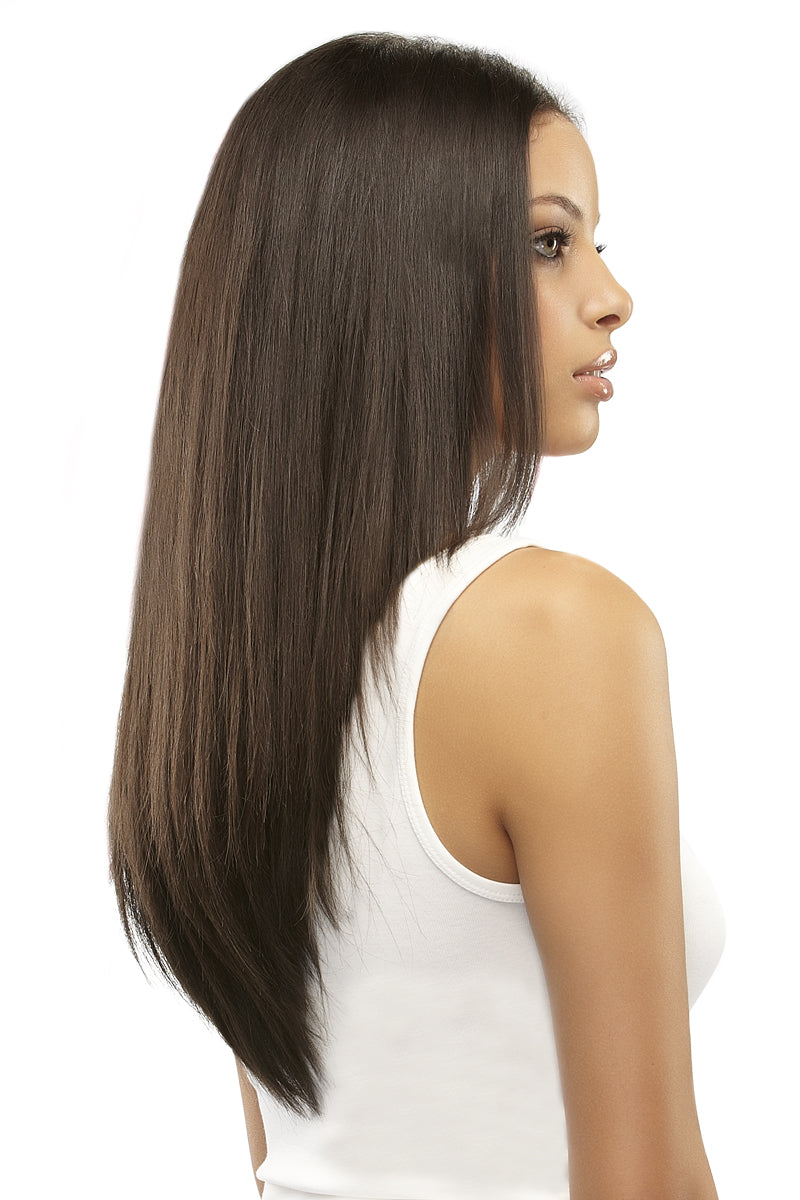 Woman adding length to her hair by wearing the Easixtend Elite human hair extensions in 16 Inches 