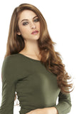Lady wearing the 20 inch Easixtend Elite hair extensions in a brunette shade that has been curled 